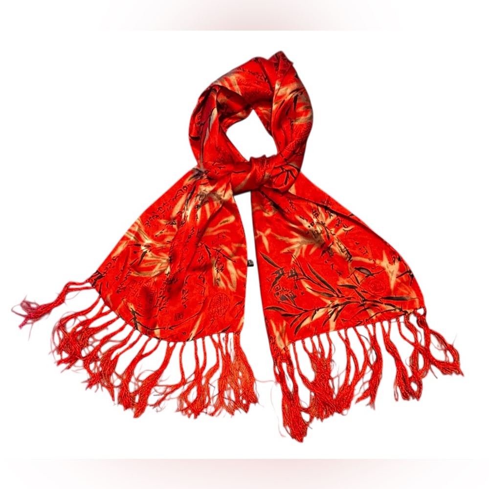 Vintage Silk Red Floral Rectangle Scarf with Fringe